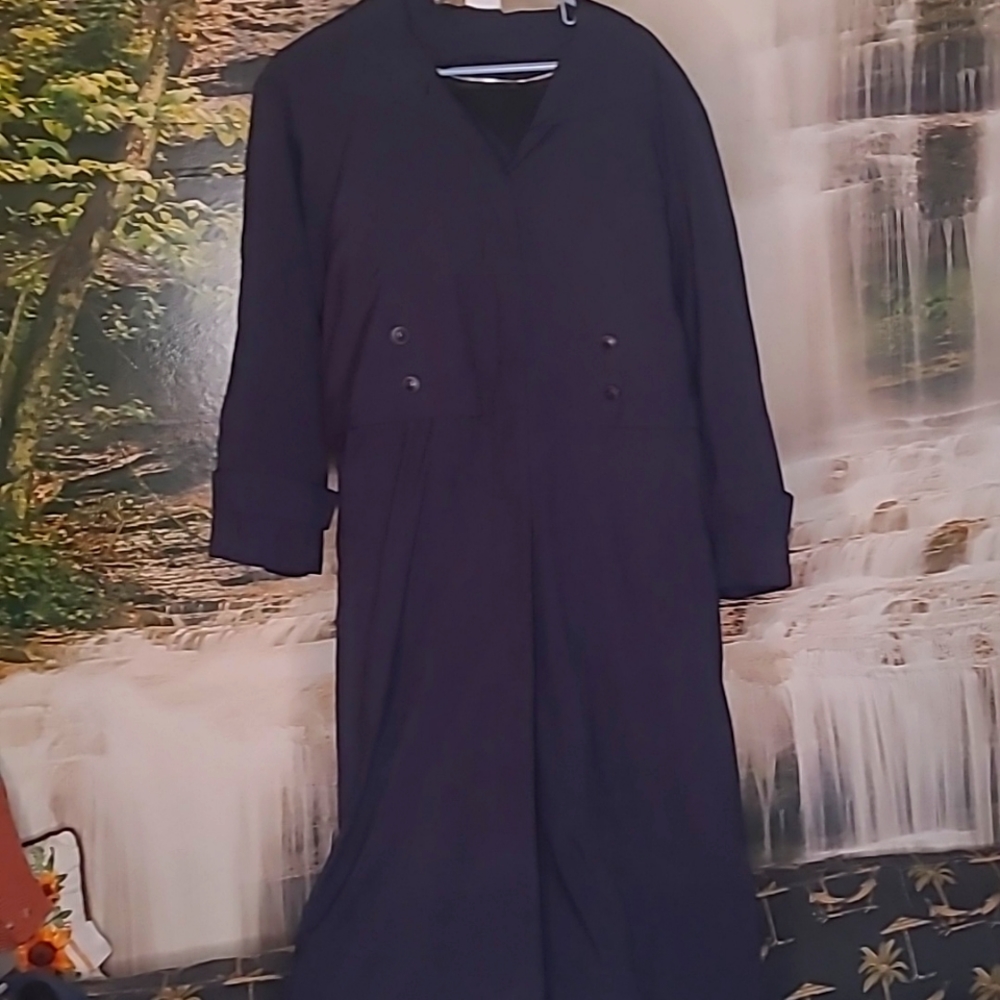 British Mist Women 6 petite navy blue long trench formal dress coat zipper lined